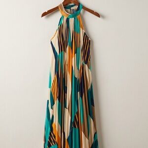 NWOT Modern Art Deco Geometric Pleated Maxi Dress | Bold Resort Boho Chic M/L